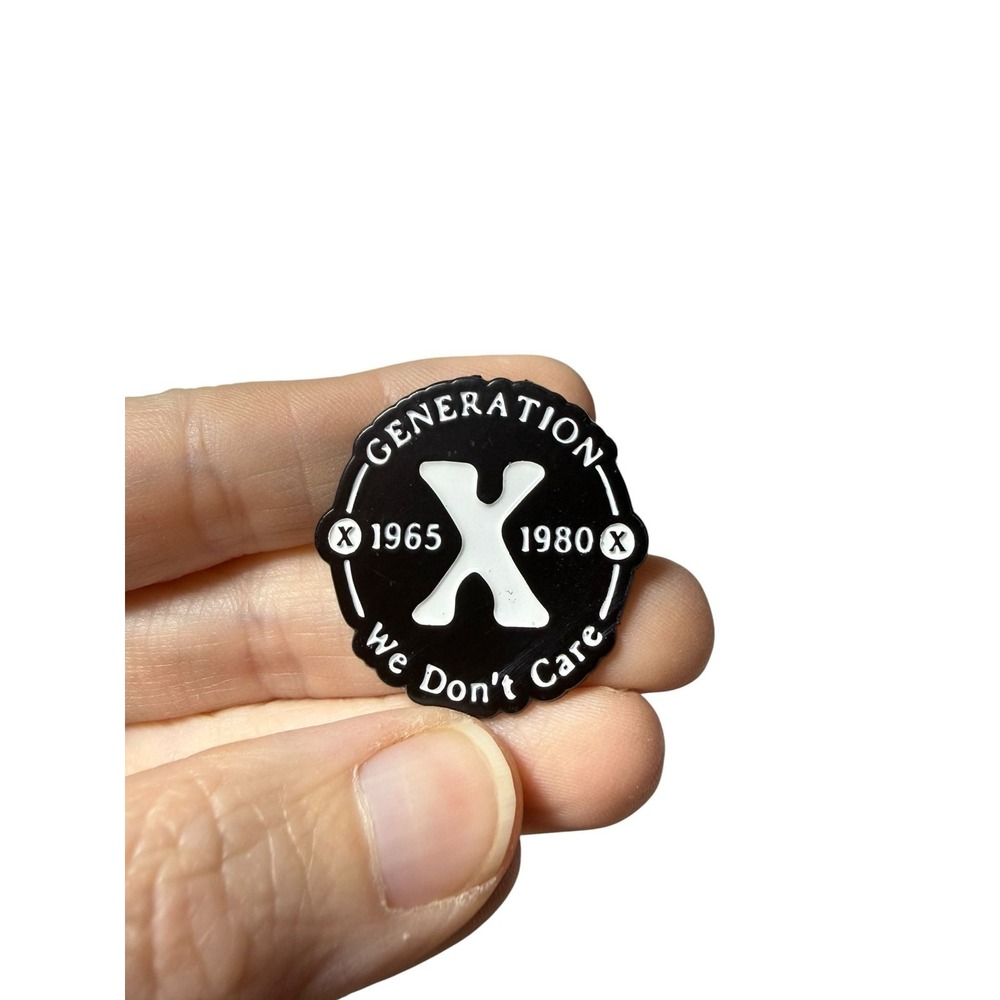 Generation X 1965-1980 We Don't Care Lapel Pin Black Enamel